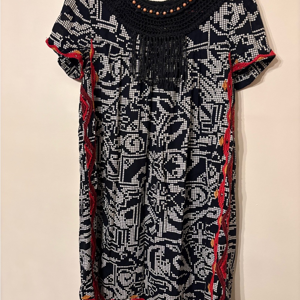 Black & White Patterned Fringe-Trim Women’s Dress